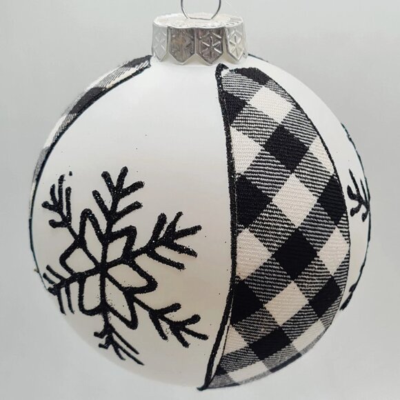 Black White Plaid Snowflake Ball Large Glitter Glass Ornament 4" Set 2 - Picture 4 of 4